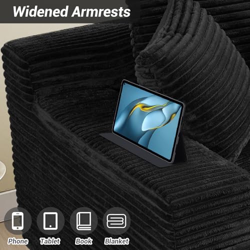 50"W x 68"D Oversized Chaise Lounge Chair Indoor Boneless Reading Chair Plush Corduroy Recliner Large Deep Seat Upholstered Sleeper Comfy Sofa Bed Couch with 3 Pillows for Living Room Bedroom, Black