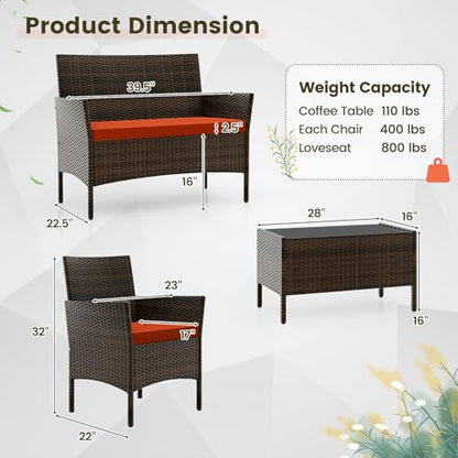 Wicker Patio Furniture Set 4 Piece, Outdoor PE Rattan Table & Chairs Set with Tempered Glass Coffee Table, Loveseat, Cushions, Conversation Set for Balcony, Porch, Backyard, Deck, Orange