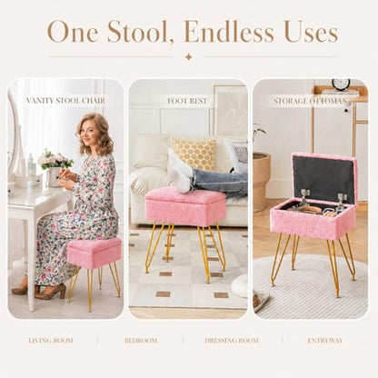 Vanity Stool with Storage, Sherpa Makeup Chair with Metal Legs, Upholstered Ottoman Seat for Bedroom, Living Room, Pink