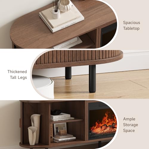 70.8" Fluted Fireplace TV Stand with 23" Electric Fireplace, Walnut, view 5