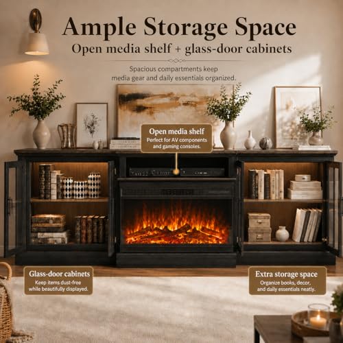 Black 98" Farmhouse TV Stand with 36" Fireplace for Living Room, view 5