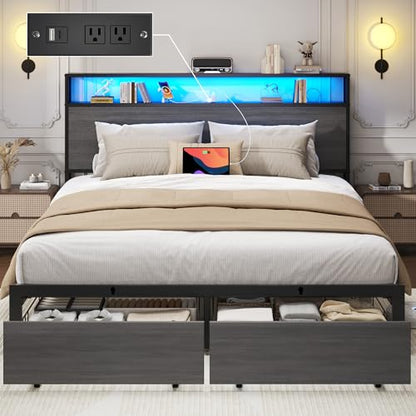 Full Bed Frame with Charging Station, LED Lights, 2 Drawers, Rustic Grey, view 2