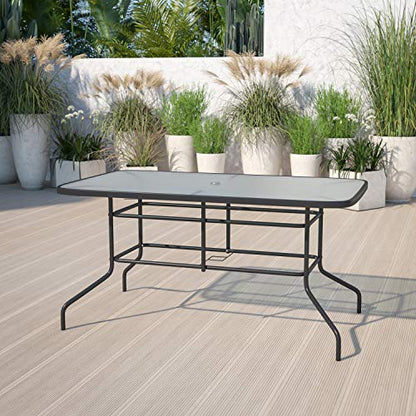 Tory 31.5" x 55" Rectangular Tempered Glass Metal Patio Table with Umbrella Hole, Modern Rippled Glass Outdoor Dining Table, Black