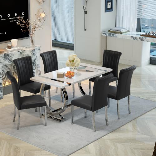 Black Leather Dining Chairs Set of 2, Silver Stainless Steel Legs, view 4