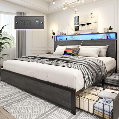 King Bed Frame with 2-Tier Storage Headboard, view 2