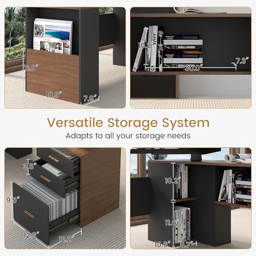 63" L Shaped Executive Standing Desk with Drawers,Brown and Black, view 4