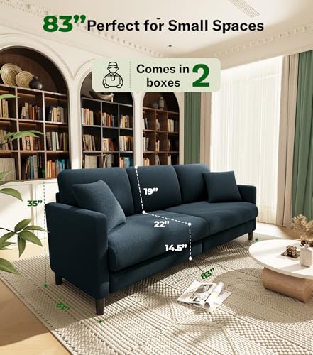83" Couches for Living Room, Teddy Sofa Couch, Comfy Sofas for Living Room, Tool-Free Setup Loveseat Sofa, All-Wood Love Seat Couches, Small Couch 2 Pillows Included, Blue Grey