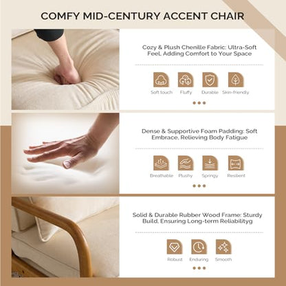Chenille Mid-Century Modern Accent Chair, Cute Reading Arm Chair with Cushion & Lumbar Pillow & Solid Wood Frame for Lounge, Living Room, Reading Room, Bedroom,Cream