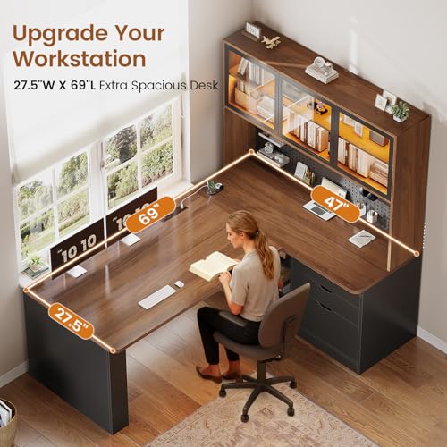L Shaped Computer Office Desk with 3 Wood Drawer and Large Bookshelf, view 4