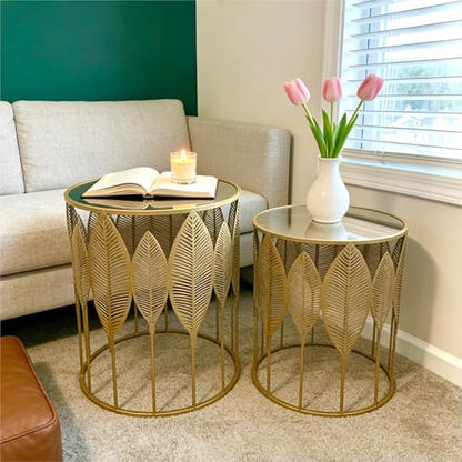 Gold Nesting Tables Set of 2, Glam Leaf Design Round End Table with Stainless Steel Top for Living Room & Bedroom, No Assembly Required