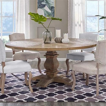 71-Inch Round Farmhouse Dining Table Rustic Solid Pine Wood Sturdy Pedestal Base Brown Finish Classic Vintage Style for Family Meals Modern Country Chic Home Furniture