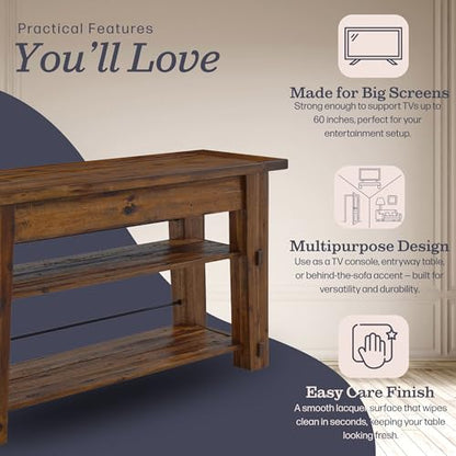 Durango 54-Inch Farmhouse-Industrial Style Wood Console Table with Two Open Shelves, Solid Wood Top, and Natural Grain and Knots – Fits TVs up to 60 Inches in Living Rooms by