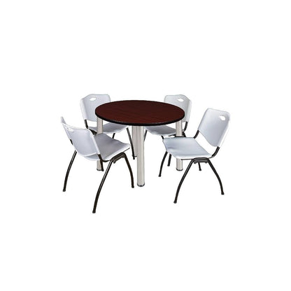 HomeStockTimeless Trends 36" Round Lounge Table Mahogany/Chrome with 4 'M' Nesting Chairs, Grey - Ergonomic Breakroom Furniture Set for Staff Break Room, Tables & Chair, Breakroom Set