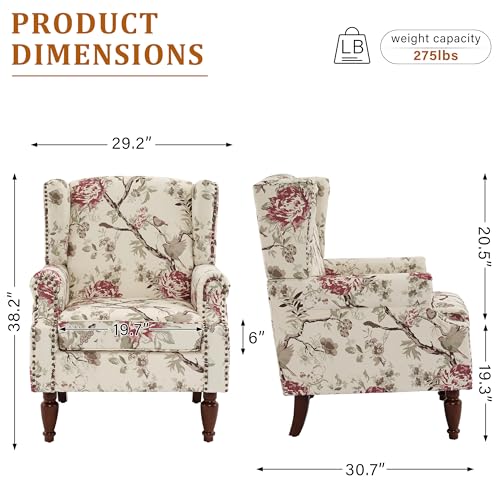 Floral Wingback Accent Chair, High Back Upholstered Armchair, Comfy Fabric Wingback Arms Chairs with Solid Wood Legs, Single Sofa Reading Chair for Bedroom Living Room, Beige