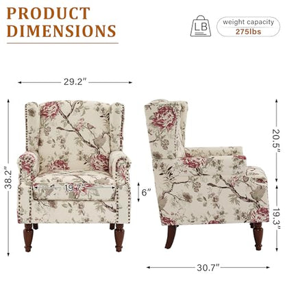 Floral Wingback Accent Chair, High Back Upholstered Armchair, Comfy Fabric Wingback Arms Chairs with Solid Wood Legs, Single Sofa Reading Chair for Bedroom Living Room, Beige