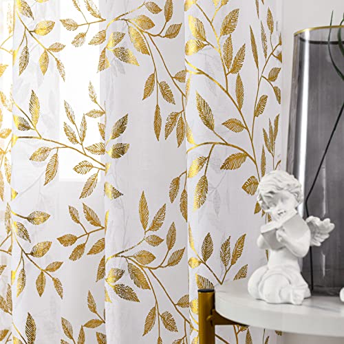 Sheer Curtains 63 Inch Length 2 Panels, Gold Foil Metallic Vine Leaves Print Window Treatments for Kitchen Living Room, Luxury Bronzing Privacy Drapes, Rod Pocket, 52" W x 63" L, White