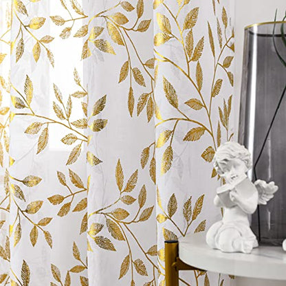 Sheer Curtains 63 Inch Length 2 Panels, Gold Foil Metallic Vine Leaves Print Window Treatments for Kitchen Living Room, Luxury Bronzing Privacy Drapes, Rod Pocket, 52" W x 63" L, White