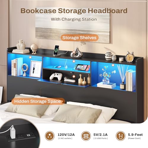 King Floating Bed Frame with LED Lights and Storage Headboard, view 4