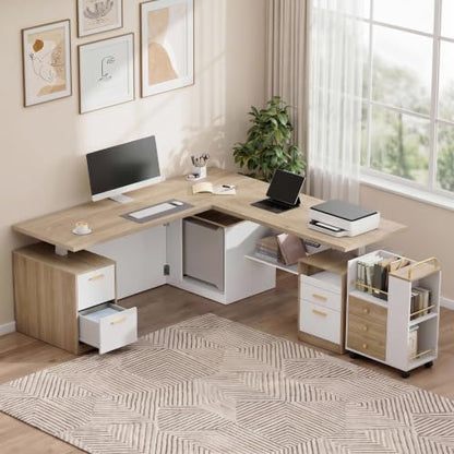 71" L-Shaped Standing Desk with Mobile File Cabinet, Light Walnut, view 2