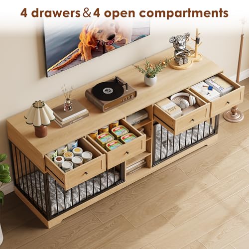 82" Large Dog Crate Furniture with Storage for 2 Dogs, Natural, view 6