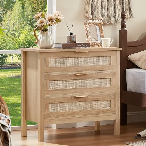 Natural wood wide boho rattan nightstand with 3 drawers, view 2