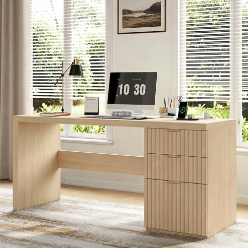 60" Fluted Executive Desk with Ample File Drawer & Large Charging Station, Wood Modern Home Office Desk with Storage, Computer Writing Desk for Work, Living Room, Bedroom, Durable & Sturdy, Natural