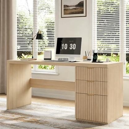60" Fluted Executive Desk with Ample File Drawer & Large Charging Station, Wood Modern Home Office Desk with Storage, Computer Writing Desk for Work, Living Room, Bedroom, Durable & Sturdy, Natural