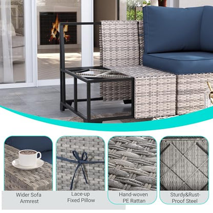 Outdoor Patio Furniture Set PE Wicker Rattan Outdoor Sectional Sofa | Patio Conversation Set with Rocking Swivel Chair, Chunky Arms Coffee Table & Thickened Cushions for Proch 9PCS, Navy Blue