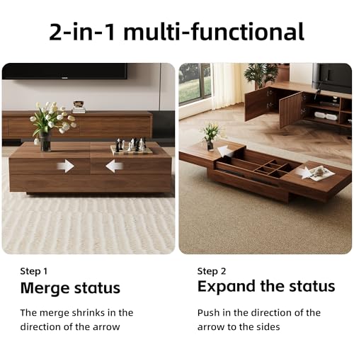 Mid-Century Expandable Coffee Table with Storage – 47.2"-81.9" Adjustable Center Table for Living Room, Walnut Wood Finish