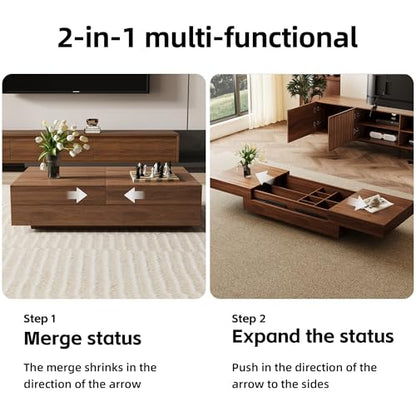 Mid-Century Expandable Coffee Table with Storage – 47.2"-81.9" Adjustable Center Table for Living Room, Walnut Wood Finish
