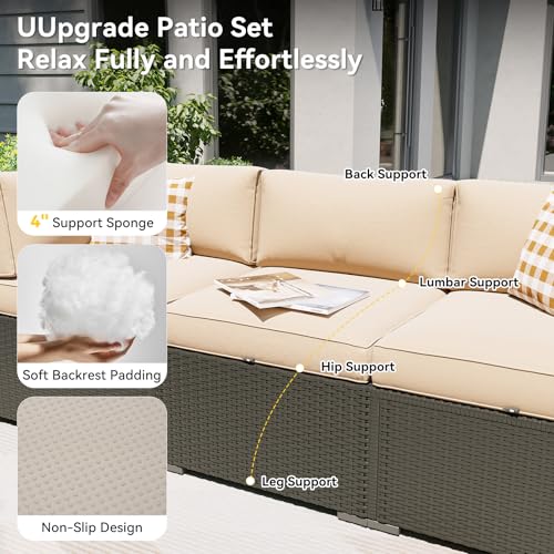 Patio Furniture Set with Fire Pit Table, 5 Piece Outdoor Sectional Sofas, Wicker Rattan Outdoor Furniture with Thickened Cushion for Backyard, Garden Begin