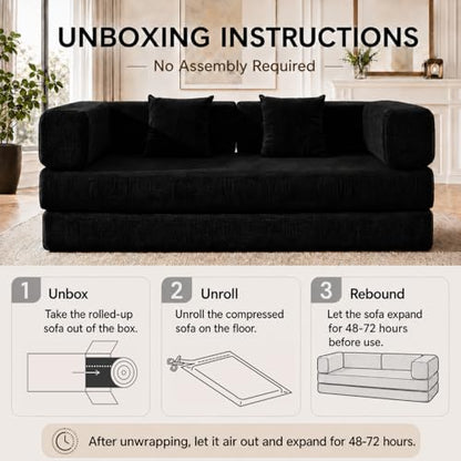 Folding Sofa Bed Convertable Corduroy Couch King Size Floor Sleeper 4-in-1 DIY Combination Modular Sofa Fold Out Futon Lounge Comfy Foldable Lazy cama for Living Room (Black, 80.3 inch Sofa)