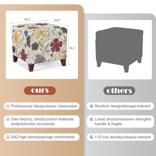 Floral Printed Linen Ottoman, 16.3" Upholstered Cube Foot Stool with Wood Legs, Small Accent Footrest for Living Room, Bedroom Vanity, and Under Desk - Burnt Orange & Blue