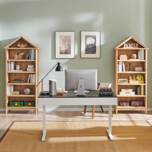 75.9" Tall Farmhouse Bookcase, Angle Arched 5 Tiers Large Bookshelf with Adjustable Shelves, Modern Wooden Geometric Book Shelf w/Storage and Open Display Shelves for Living Room, Office-Natural