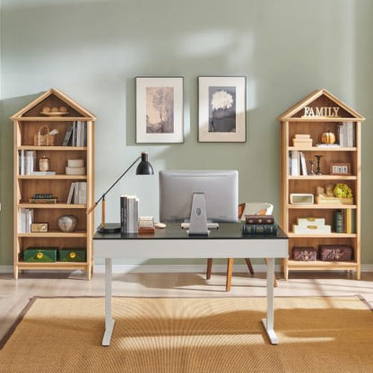 75.9" Tall Farmhouse Bookcase, Angle Arched 5 Tiers Large Bookshelf with Adjustable Shelves, Modern Wooden Geometric Book Shelf w/Storage and Open Display Shelves for Living Room, Office-Natural