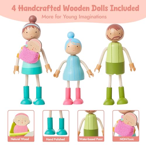 36pcs Wooden Dollhouse Furniture Set with Dolls for 5 Rooms, Wood & Plastic Pink Dollhouse Accessories Pretend Play Furniture Toy Christmas Birthday Gift Toy for Kids Boys Girls Toddler 3+