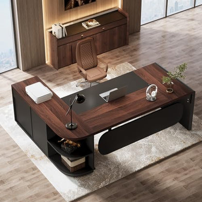 Tribesigns 80'' L-Shaped Desk, Large Executive Office Desk with 55'' Drawers Cabinet, Modern Computer Table with Storage Shelves, Business Furniture for Home Office, Walnut & Black