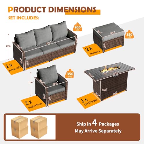 Outdoor Patio Furniture Set with 44" Fire Pit Table, 6 Pieces Sectional Conversation Sets, All-Weather Wicker Rattan Sofa Ottoman with 4" Thick Cushion for Garden Backyard Deck, Dark Grey