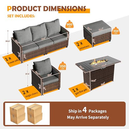 Outdoor Patio Furniture Set with 44" Fire Pit Table, 6 Pieces Sectional Conversation Sets, All-Weather Wicker Rattan Sofa Ottoman with 4" Thick Cushion for Garden Backyard Deck, Dark Grey