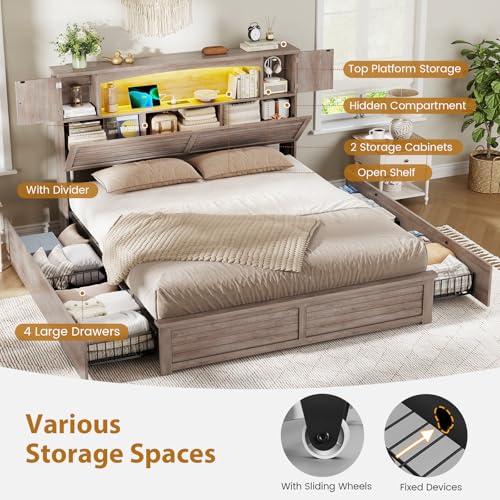 Farmhouse Queen Bed Frame with Bookcase and Storage Cabinets Headboard, view 6