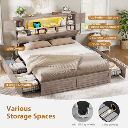 Farmhouse Queen Bed Frame with Bookcase and Storage Cabinets Headboard, view 6