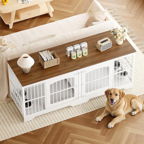74.8” Dog Crate Furniture for 2 Dogs, Wooden Dog Kennel Indoor with Dog Bowls, view 5