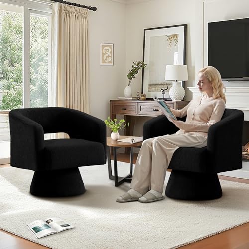 Swivel Barrel Accent Chair, Oversized Teddy Upholstered Round Swivel Chairs Set of 2, Modern Luxury 360° Living Room Vanity Chair for Bedroom Office&Living Room, Black