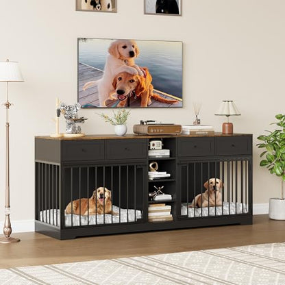 82" Large Dog Crate for 2 Dogs, Dog Kennel Indoor with 4 Drawers and Shelves, Double Dog Crate Furniture TV Stand, Wooden Dog Cage for Medium Large Dogs, Black