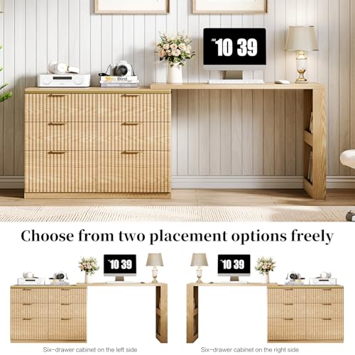 L Shaped Expandable Desk,47" Home Office Desks, Executive, Farmhouse Computer Desk with 6 Drawers File Drawer, Rustic Computer Writing, Oak