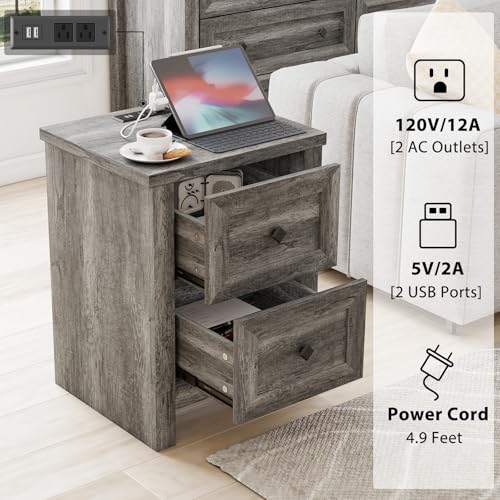 Bedroom Dresser and Nightstand 3 Piece Set, 1 X Wood Rustic 6 Drawer Storage Dresser, Nightstand Set of 2 with Charging Station, Farmhouse Bedroom Furniture Set, Rustic Grey