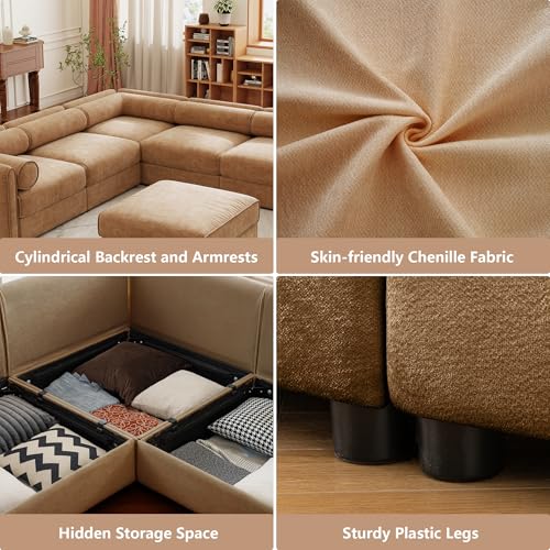 Oversized Modular Sectional Sofa, 142.5" Chenille U-Shaped Sofa with Cylindrical Backrest & Armrest, Modern Comfy 4-Seat Sofa with 2 Ottoman, Upholstered Deep Seat Couch for Living Room, Camel