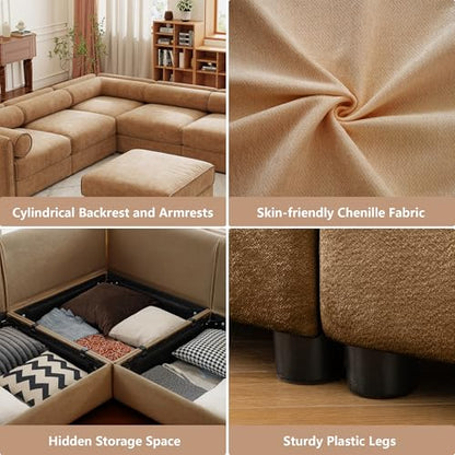 Oversized Modular Sectional Sofa, 142.5" Chenille U-Shaped Sofa with Cylindrical Backrest & Armrest, Modern Comfy 4-Seat Sofa with 2 Ottoman, Upholstered Deep Seat Couch for Living Room, Camel