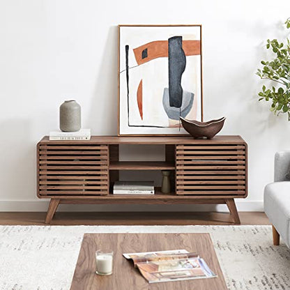 Ensley 59" Tall TV Stand with Slatted Door, Mid Century Modern Entertainment Center for 55-65 inch TV, Farmhouse Media Console with Storage, Adjustable Shelves, Round Edges, Living Room (Walnut)