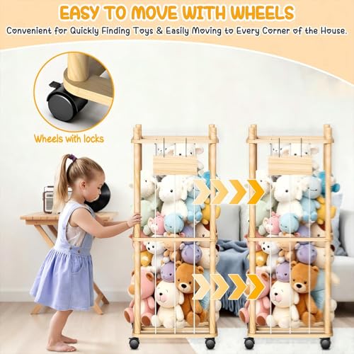 Stuffed Animal Storage Organizer, Wooden Plushies Toy Zoo Holder with Wheels, view 4